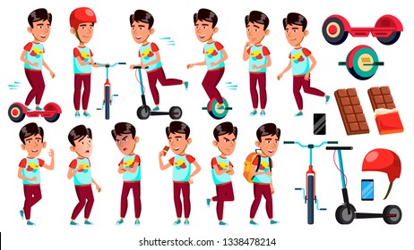 Asian Boy Schoolboy Set Vector. Primary School Child. Cheerful Pupil. Friends. Fun, Activity. Lifestyle Summer. Life, Emotional. For Banner, Flyer, Web Design. Isolated Cartoon Illustration