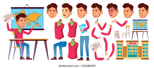 Asian Boy Schoolboy Vector. High School Child. Animation Creation Set. Face Emotions, Gestures. Child Pupil.  Class, Desk. For Advertising, Placard, Print  Design. Animated Isolated Illustration