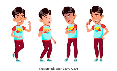 Asian Boy Set Vector. School Child. Little Kid. Face. For Postcard, Cover, Placard Design. Isolated Cartoon Illustration