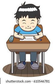 Asian Boy Sitting at a School Desk