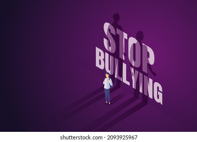 Asian Boy Stands Front The Words STOP BULLYING On The Purple Wall. Against The Shadow Of Two Teenage Boys To Bully. Isometric Vector Illustration.