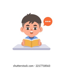 Un niño asiático estudia leer el libro sobre el escritorio, ilustración caricatura de diseño vectorial sobre fondo blanco. concepto de niño y educación.