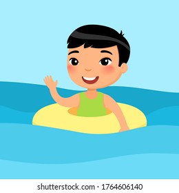 Asian boy swimming with inflatable ring flat vector illustration. Beautiful child having fun in water, waving hand. Cheerful kid enjoying summer activities color cartoon character