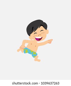 Asian boy in swimsuit running smiling.																									