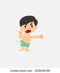 Asian boy in swimsuit screams very angry.