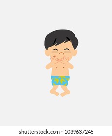 Asian boy in swimsuit trying to contain the laughter.