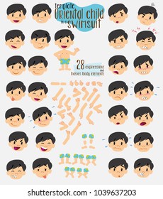 Asian boy in swimsuit. Twenty eight expressions and basics body elements, template for design work and animation. Vector illustration to Isolated and funny cartoon character.																									