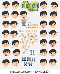 Asian boy in a swimsuit. Twenty eight expressions and basics body elements, template for design work and animation. Vector illustration to Isolated and funny cartoon character.
