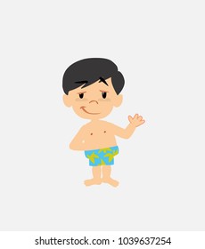 Asian boy in swimsuit waving with a dreamy expression.																									
