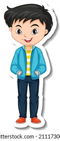 Asian boy wearing jacket cartoon character sticker illustration