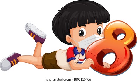 Asian boy wearing mask holding math number eight illustration