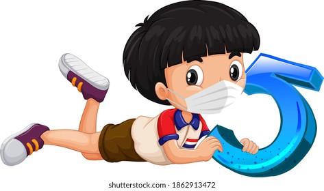 Asian boy wearing mask holding math number five illustration