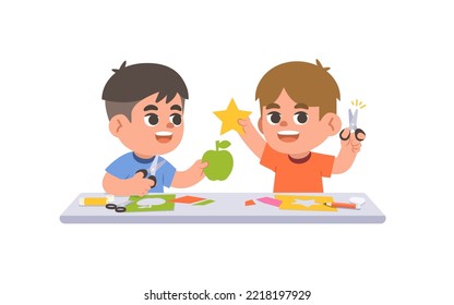 a Asian boy and a white boy doing the paper cut with imagination in art class on the table, illustration cartoon character vector design on white background. kid and education concept.