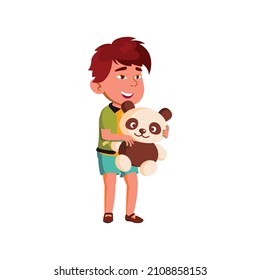 asian boy won bear toy in game cartoon vector. asian boy won bear toy in game character. isolated flat cartoon illustration