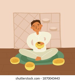 An Asian boy or young man do singing bowls healing therapy sitting on the mat, a lot of metallic bowls nearby. Vector illustration.