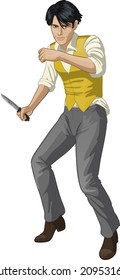 Asian brawling man retro styled cartoon character with colored lineart