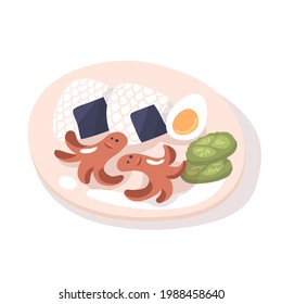 Asian breakfast with onigiri, egg, sausage octopus and cucumber on plate. Isolated on white background. Vector illustration. Clip art for Food blogging, Restaurant interior and menu design.