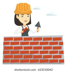Lámina de ladrillo asiática con sombrero uniforme y duro. Bicklayer trabajando con espátula y ladrillo en el sitio de construcción. Muro de ladrillo de ladrillo de ladrillo de capa blanca. Ilustración de diseño plana vectorial aislada en fondo blanco.