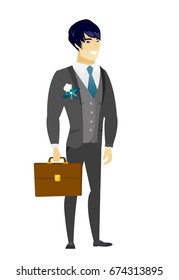 Asian bridegroom holding a briefcase. Full length of bridegroom with a briefcase. Smiling bridegroom in a wedding suit holding a briefcase. Vector flat design illustration isolated on white background