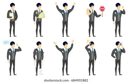 Asian bridegroom holding a clipboard with documents. Full length of young bridegroom with documents. Bridegroom holding documents. Set of vector flat design illustrations isolated on white background.