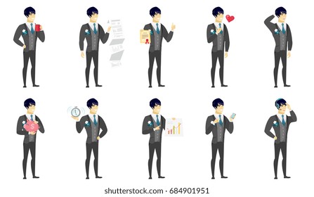 Asian bridegroom holding a cup of coffee. Full length of young bridegroom drinking coffee. Happy bridegroom with a cup of coffee. Set of vector flat design illustrations isolated on white background.