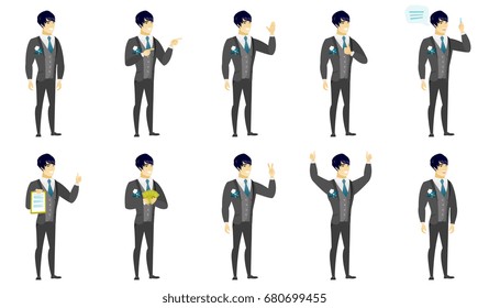 Asian bridegroom indicating with two fingers to the side. Full length of cheerful bridegroom pointing with two fingers to the side. Set of vector flat design illustrations isolated on white background
