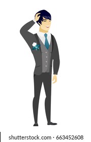 Asian bridegroom laughing. Young bridegroom laughing with hands on his head. Bridegroom laughing with closed eyes and open mouth. Vector flat design illustration isolated on white background.