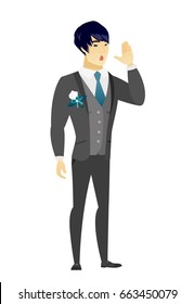 Asian bridegroom lost and calling for help. Full length of groom in wedding suit calling for help. bridegroom in trouble calling for help. Vector flat design illustration isolated on white background.