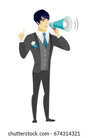 Asian bridegroom with a megaphone making an announcement. Bridegroom making an announcement through megaphone. Concept of announcement. Vector flat design illustration isolated on white background.
