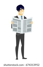 Noivo asiático lendo jornal. Noivo de pé com um jornal em mãos. Jovem noivo lendo boas notícias num jornal. Ilustração de design plano vetorial isolada sobre fundo branco.