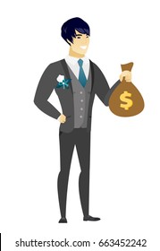 Asian bridegroom showing a money bag with a dollar sign. Full length of bridegroom with a money bag. Happy bridegroom holding a money bag. Vector flat design illustration isolated on white background.