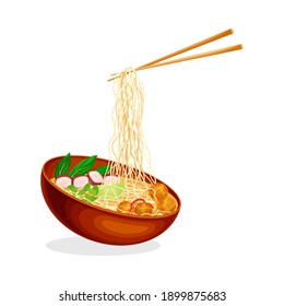 Asian Broth or Soup in Bowl with Chopsticks Holding Noodles Vector Illustration