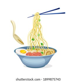 Asian Broth or Soup in Bowl with Chopsticks Holding Noodles Vector Illustration