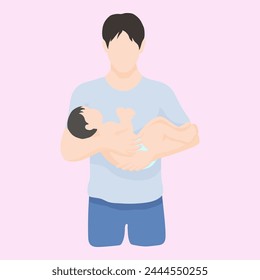 asian brown haired man stands carefully holding his baby in a diaper. simple vector style in realistic silhouette without face. half height portrait