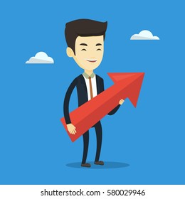 Empresario asiático pensando en la estrategia del crecimiento de los negocios. Empresario con una gran flecha que representa el crecimiento de las empresas. Concepto de crecimiento empresarial. Ilustración de diseño plana vectorial. Diseño cuadrado.