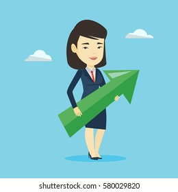 Asian bsinesswoman thinking about the strategy of business growth. Businesswoman holding big arrow representing business growth. Business growth concept. Vector flat design illustration. Square layout