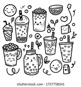 Asian bubble drink or boba in kawaii drawing style set collection for sticker and icon set collection	