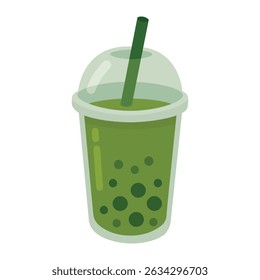 Chá de bolha asiática com bebida verde e pérolas de tapioca em copo de plástico, vetor de desenhos animados.