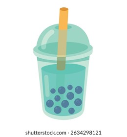 Asian bubble tea in transparent cup with straw and tapioca pearls, cartoon vector illustration.