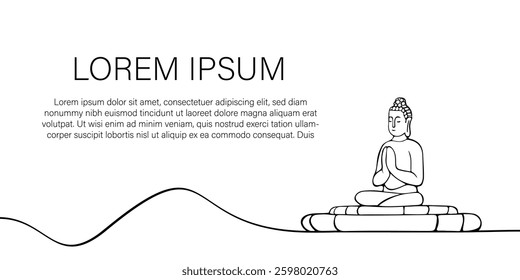 Asian Buddha in lotus position meditating in linear style on white background. Template, web banner for Buddha's birthday, Vesak holiday. Minimalistic poster relax spa advertising copyspace