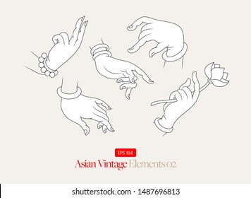 Asian Buddhistic Hands drawing  different hand gestures