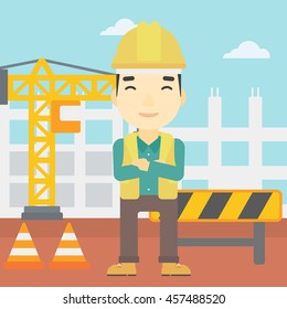 An asian builder with arms crossed. Confident builder on a background of construction site. Builder in helmet on background of road works. Vector flat design illustration. Square layout.