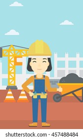 Un constructor asiático con casco que da pulgar hacia arriba. Un constructor con pulgares arriba en un sitio de construcción. Una mujer dando un pulgar sobre un fondo de obras viales. Ilustración de diseño plana vectorial. Diseño vertical.