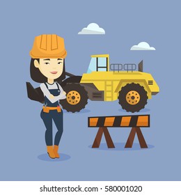 Asian builder standing on the background of construction site or road works. Young builder standing with arms crossed. Confident builder in hard hat. Vector flat design illustration. Square layout.