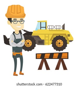 Asian builder standing on the background of construction site or road works. Builder standing with arms crossed. Young builder in hard hat. Vector flat design illustration isolated on white background