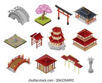 Asian building construction isometric set vector illustration. Collection traditional oriental house, bridge, arch, monument and Sakura tree isolated. Japanese cultural architecture landmark