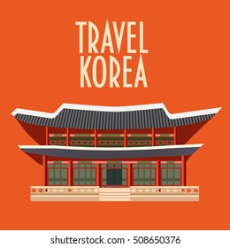 Asian building made in a flat style. Korean style building icon. Text "Travel Korea".