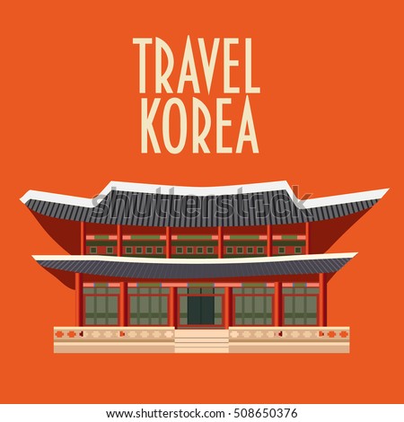 Asian building made in a flat style. Korean style building icon. Text "Travel Korea".