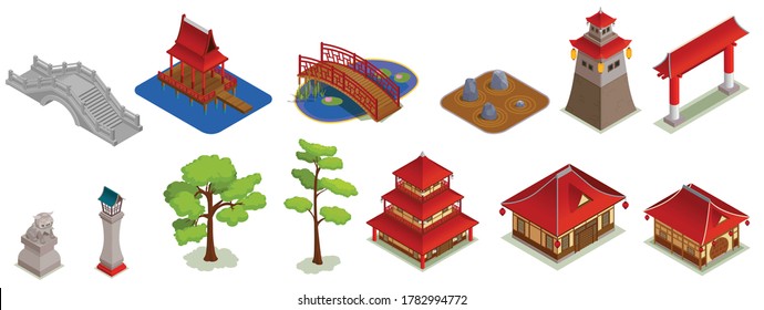 Asian buildings architecture isometric set with isolated icons and images of traditional oriental buildings and landforms vector illustration