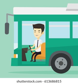 Asian bus driver sitting at steering wheel. Young driver driving passenger bus. Bus driver sitting in drivers seat in cab. Vector flat design illustration. Square layout.